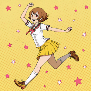 Chie Satonaka from Persona 4, in a dynamic pose, with messy brown hair, dressed in a casual outfit. White shirt, yellow skirt, and brown shoes. Against a yellow background dotted with small pink stars.