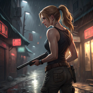 Claire Redfield, determined look, ponytail, wearing black tank top and cargo pants. Holding a shotgun. Dark alley, neon signs, rainy night.