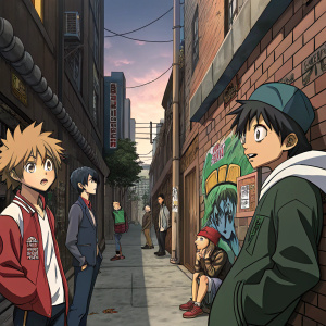 In an urban alleyway, a diverse group of anime characters interact. Vibrant colors and detailed expressions highlight their dynamic poses and emotions. A mix of relaxed and contemplative stances convey their unique personalities and interactions.