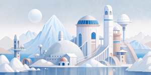 White illustration,  Wes Anderson style, surreal collage of many futuristic buildings and a lot of  briges, big  ocean, soft lines, grainy paper