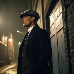 Tom Hardy as Tommy Shelby from 'Peaky Blinders', standing in a dimly lit alleyway. Dark suit, cap, and stern look.