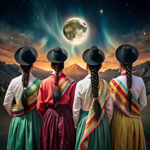 cuatro mujeres bolivianas andinas, cholas, con pelo trenzado negro unido en trenzas, con vestimenta tipica de bolivia aguayos,  sentadas, mirando el ocaso, con cerros de vislumbre, con un eclipse de luna 
