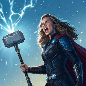 Ariel Thor, a Disney Marvel character, stands with a fierce expression. Wearing a dark, shimmering outfit with blue details. Armed with a grand hammer. Bright, dynamic background with starry night effect.