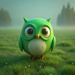 3d render of a green duolingo owl on a foggy grass field , soft light