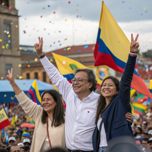 Gustavo Petro, Veronica Alcocer, and Antonella Petro celebrating a political victory. Crowds waving flags in a vibrant square.