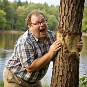 a middle aged man, chubby, stocky build, short hair, glasses, dressed in a button down shirt and shorts biting the side of a tree down with his teeth and building a dam like a beaver. The man should be holding the tree with both hands and biting it with his mouth 