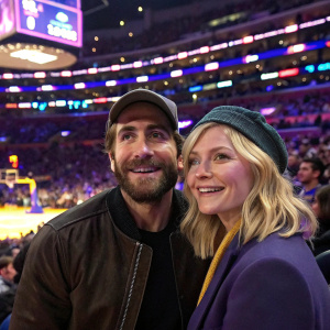 Jake Gyllenhaal and Kirsten Dunst at a basketball game. Wearing casual outfits. Stadium filled with excited fans. Crowded arena, colorful lighting