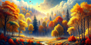 A clearing in the middle of a dense autumn forest - dark red, gold, crimson. Clear, cloudless azure sky. Bright-yellow birches. Dark green spruce. Maples. Oak trees. Pines. Shrubs. Kick it. The dark brown ground is half covered with yellow and red leaves. A flock of starlings is flying in the sky. Yellow sunlight covers everything.