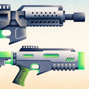 Digital illustration of futuristic weapons from Borderlands 3's Vladof Sniper rifle series. High-resolution render with gray and green color scheme, showcasing detailed and advanced design elements. Set against a grungy, textured background, highlighting game's weaponry.