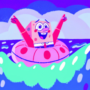 SpongeBob SquarePants floating happily in the bright, open ocean. No visible background, just endless blue water.