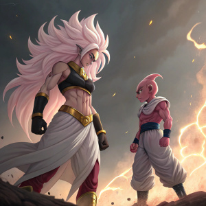 Illustration of Majin Android 21 and Kid Buu from Dragon Ball Z, in a dramatic scene with intricate details. Majin Android 21 with flowing hair, Kid Buu in a dynamic pose. Background is an explosion.