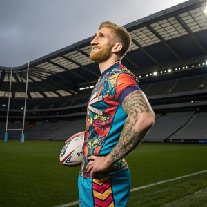 Sam Tomkins, rugby player, posing confidently. Colorful tattoo on his arm. Stylized sports apparel. Empty stadium with artificial turf.