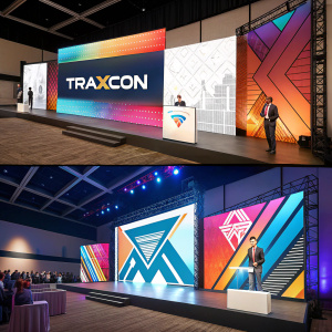 A digital illustration showcasing the evolution of the Traxcon logo. Multiple panels detailing the creative design process. Modern and vibrant aesthetic with a mix of colors and shapes. Traxcon name prominently featured throughout.