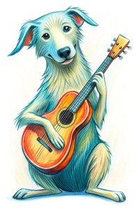 dog playing the guitar in a playful way