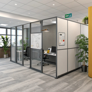 3D rendering showcasing modern office partition system. Includes WA contact info for inquiries.