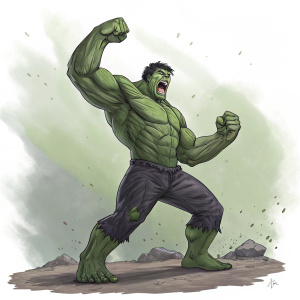 Digital illustration of the Incredible Hulk. Dynamic pose, flexed muscles, angry face. Central figure in the scene