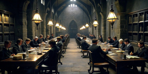 A dark library room in Hogwarts castle. Several students are sitting at the tables reading books.