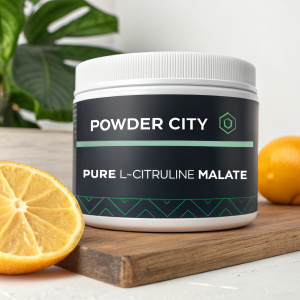 Product listing for Powder City Pure L-Citrulline Malate. Packaging shown in center, price displayed prominently.