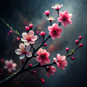 branch with a few single cherry blossoms dark and powerful