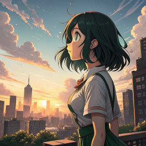 Tsuyu Asui, character from My Hero Academia, standing in front of a cityscape at sunset. She has short legs and a large bust, with a youthful look. Dark wavy hair frames her wide-eyed innocent face.