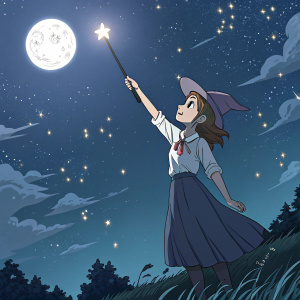 Chariot du Nord, a young witch from Little Witch Academia, standing under a moonlit sky filled with twinkling stars. She holds her magic wand aloft, casting a glow. Wearing a white shirt and long skirt, she exudes an enchanting aura.