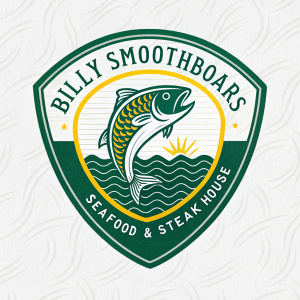 Shield-shaped logo for Billy Smoothboars Seafood & Steak House. Green and white color scheme with yellow accents. Traditional signage-style text. Eye-catching design highlighting seafood and steak specialties. Background features a subtle water and steak pattern.