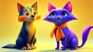 A cartoonish skinny hairy feral cat and dog, looking each other, funny faces, with big round eyes, black ears and light brown fur.
they wears a red and blue scarf with white polka dots tied around his neck.
Their eyes are very expressive, giving a friendly and curious feeling.
The visible texture suggests that the work is painted on old and damage wood background.
It is a very colorful and cheerful artistic painting