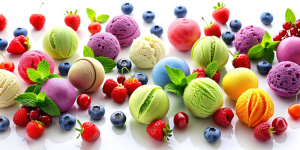 
Background, bright balls of multi-colored ice cream, scattered, raspberries, cherries, blueberries, strawberries, advertising photo
