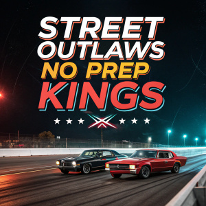 Event poster for Street Outlaws No Prep Kings featuring bold typography and vibrant graphics. New date announcement prominently displayed. Emphasis on fan safety and health. Dark background.