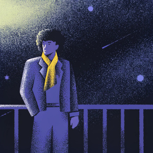 Digital illustration of Spike Spiegel, from Cowboy Bebop. Character is depicted in a minimalist sketch style. Wears a blue jacket and yellow scarf. Background is dark and mysterious, matching the series' atmosphere