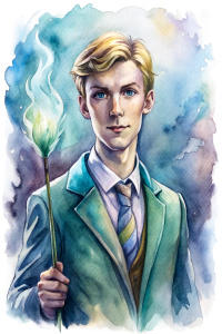 a handsome slender tanned 30-year-old man with short hair, dressed in Hogwarts uniform, holding a magic wand in his right hand