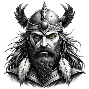 Wikinger mit zwei Gesichtern with yggdrasil – and weapons high-definition design, valhalla, grey and black, realistic tattoo design, white background