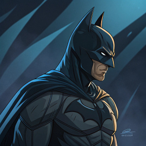 Digital illustration of Batman, part of Batman: Knightfall series. Dark, sleek costume, muscular build, detailed mask. Dark background with blue shadows. Created by The Glorious Pictures.