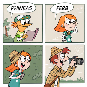 Comic strip featuring Phineas and Ferb. Stylized cartoon characters in multiple panels with dialogue bubbles in a foreign language. Phineas, Ferb, and a female character with orange hair.