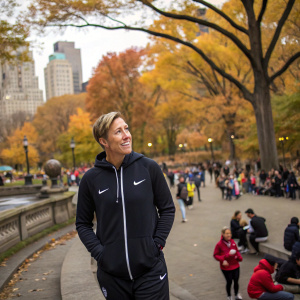 Abby Wambach, ex-US national soccer team player, in a casual outing. Wearing a Nike tracksuit. Crowded park in autumn