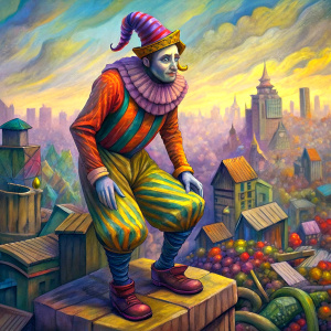 a haggard clown on a pile of junk, in an urban setting