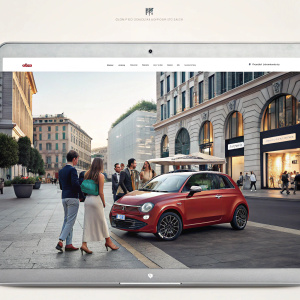 Imagen de la página web de Fiat. Muestra un grupo de personas vestidas con ropa casual y elegante alrededor de un automóvil Fiat en un fondo urbano