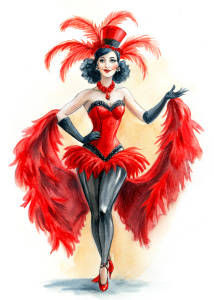 A full-body burlesque dancer, the image in a 1920s style with a predominant red color palette.