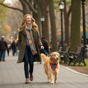 Amanda Seyfried and her golden retriever strolling through a bustling city park. The dog wears a cute scarf.