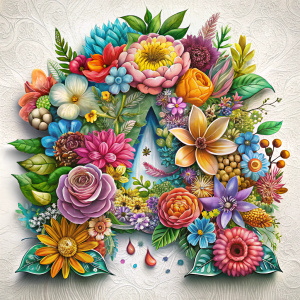 " Create an image of a capital letter ""A"" made of flowers. The flowers should be colorful and varied, and the image should have a whimsical, hand-drawn look. The image should be 1000x1000 pixels and have a transparent background."