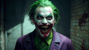 green hair purple shirt joker his mouth is bleeding in the pitch dark room looking angry



