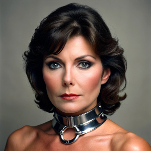 50 yo attractive brunette wearing a tight metal slave collar