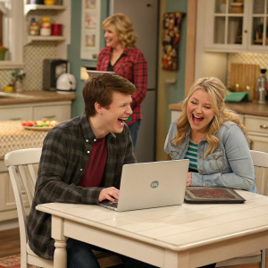 Nick Robinson and Taylor Spreitler laughing in a cozy kitchen setting from the TV show 'Melissa & Joey'. Melissa Joan Hart in the background. White wooden dining table, laptop on display
