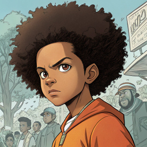 Digital art of Huey Freeman from 'The Boondocks'. Huey has a prominent afro and intense gaze. Set against a vibrant backdrop filled with other characters from the show, all rendered in a mix of detailed and sketch-like styles. Rich color palette