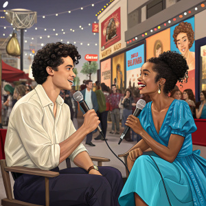 Charles Melton in a light shirt and Yara Shahidi in a vibrant blue dress, amidst a bustling panel discussion at a film festival. The scene features microphones, film posters, and a dynamic crowd.