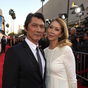 Lou Diamond Phillips and Yvonne Boismier Phillips attending the Hollywood Film Awards. Lou in a dark suit and tie, Yvonne in a white detailed top. Red carpet event.