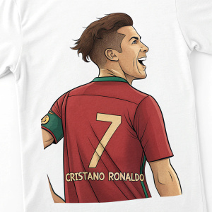Digital illustration of a cartoon athlete, inspired by Cristiano Ronaldo. Wearing a red soccer jersey with the number '7', set against a plain white background.