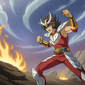 Ikki, from Saint Seiya, fierce battle stance, anime illustration, vivid colors, bright and dramatic