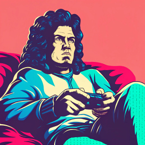 Cartoon illustration of Cristiano Ronaldo. Serious face, playing video game