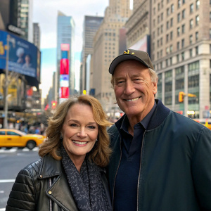 Clare Carey and Craig T. Nelson, TV show Coach cast, standing in front of a busy cityscape. Wearing casual attire, smiling for the camera.